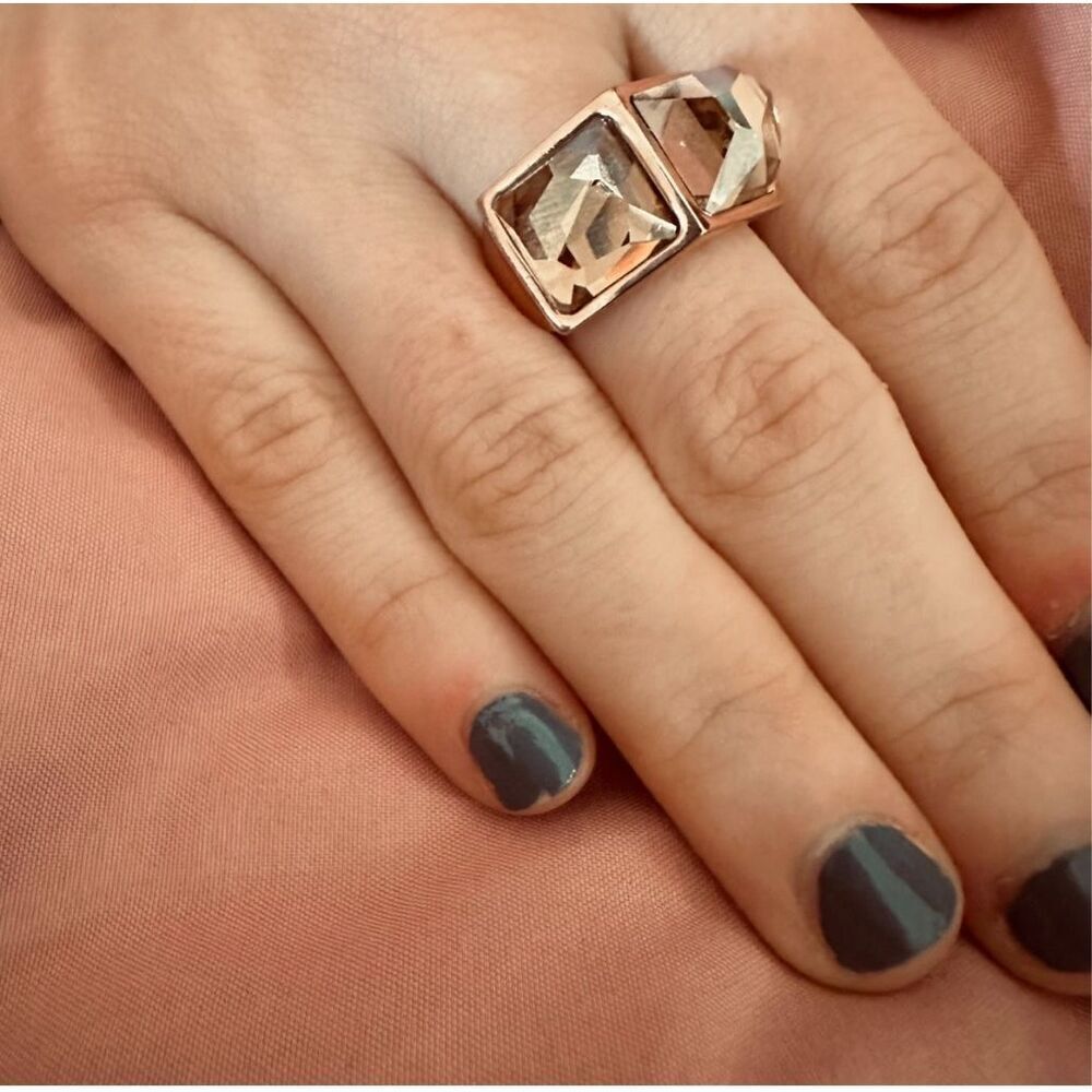 Bold Modernist Rose Gold Tone Ring - Signed Eva - Double Faceted Glass Stones